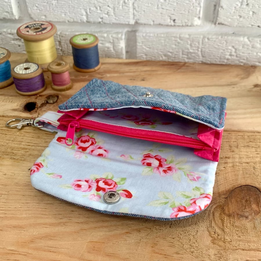 Upcycled Denim & Pink Rose Purse