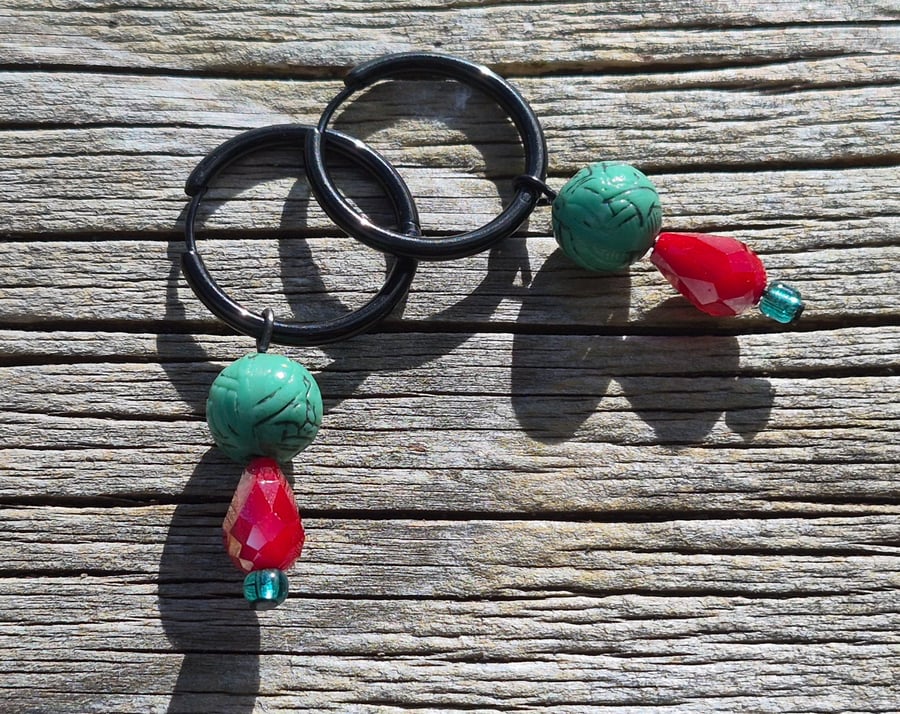 Black Hoop Beaded Earrings Vintage Beads Sparkly 