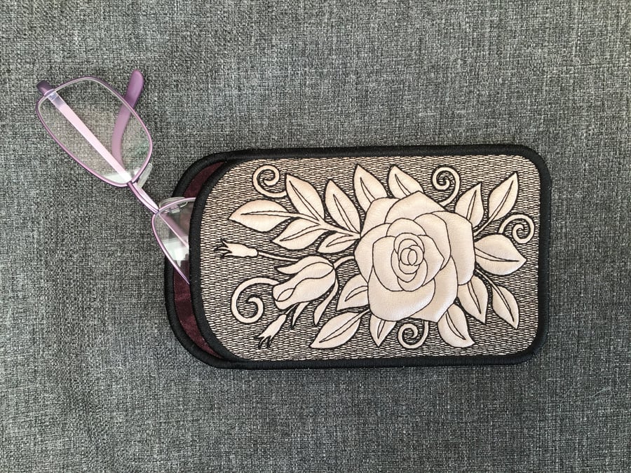 iPhone or glasses pouch embroidered with a rose in faux leather 