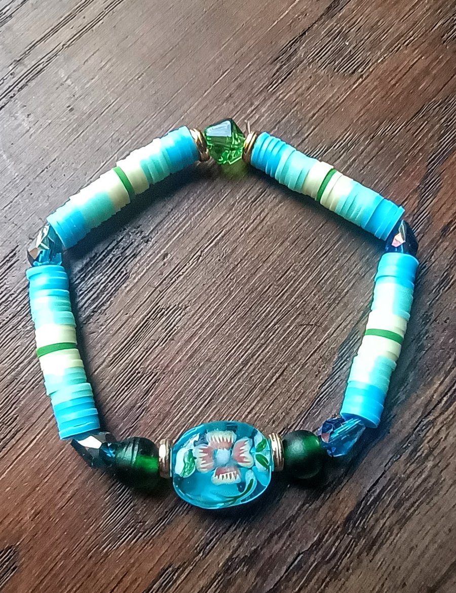"Water Garden" -  Stretchy clay polymer and bead fashion bracelet 