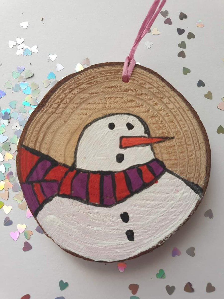 Snowman handpainted wooden slice