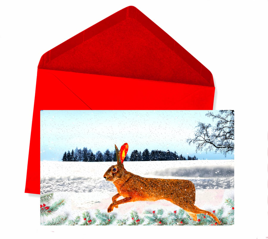 Hare Snow Scene Christmas Card - Larger Card
