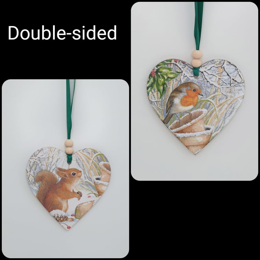 Christmas decoration,  robin and squirrel,  heart hanging decoration 