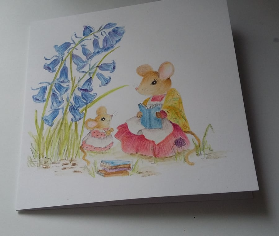 HAND PAINTED WATER COLOUR CARD OF A MOUSE READING A STORY
