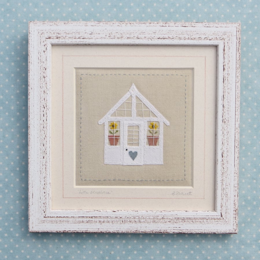 Little Glasshouse hand-stitched miniature with embroidery, sunflowers and heart