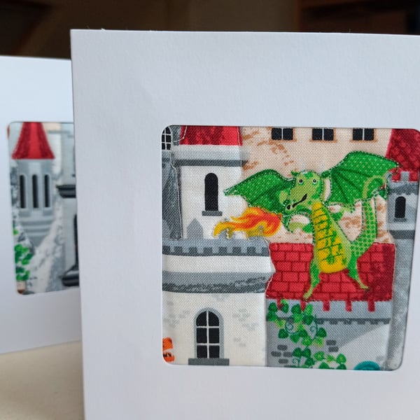 Dragon greeting card for child in quilted fabric - blank 
