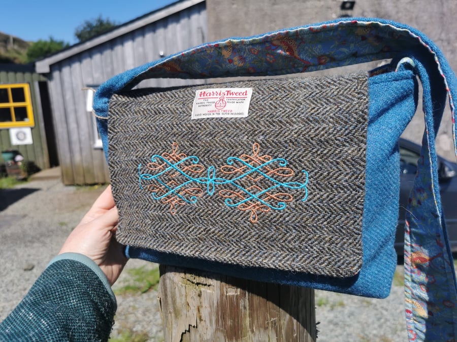 Harris Tweed two toned bag with embroidered celtic knot 