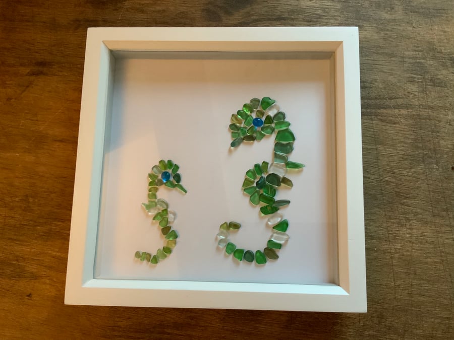 Sea Glass Sea Horse and Baby Picture. Beautiful piece of Coastal Art. Framed.