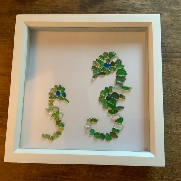 Sea Glass Sea Horse and Baby Picture. Beautiful piece of Coastal Art. Framed.