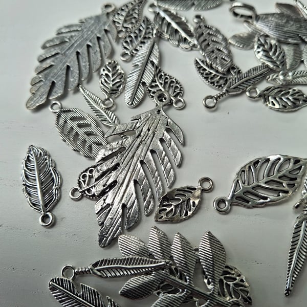 50g Mixed Sizes Tibetan Antique Silver Leaf Charms