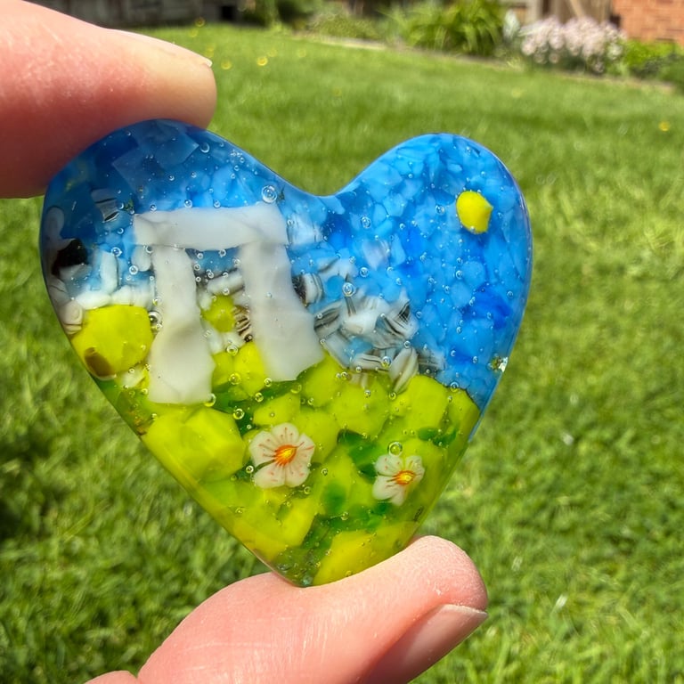 Standing Stones and Pink Flowers Fused Glass Heart