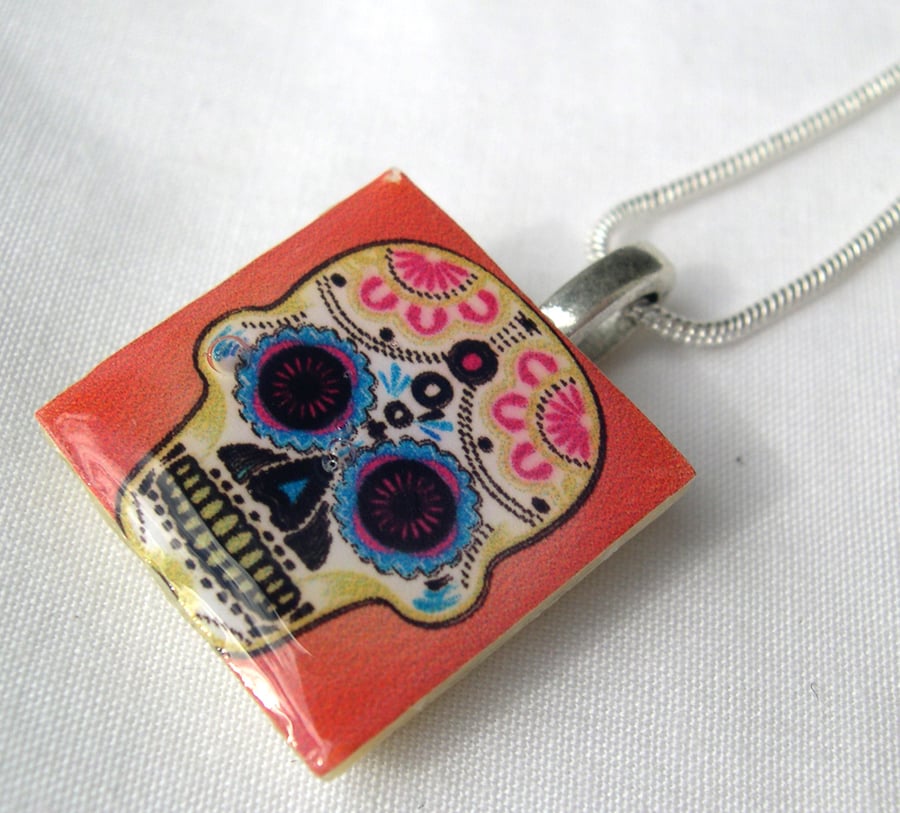 Day of the Dead Gift Silver Plated CeramicTile Necklace Skull Resin Pendant