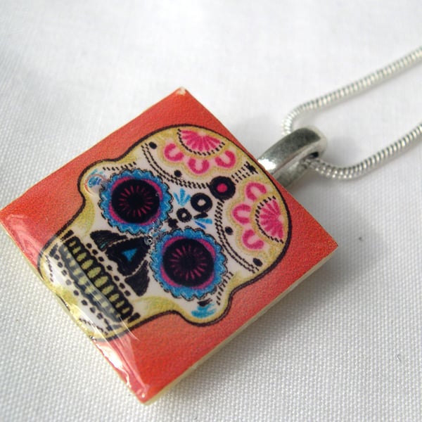 Day of the Dead Gift Silver Plated CeramicTile Necklace Skull Resin Pendant
