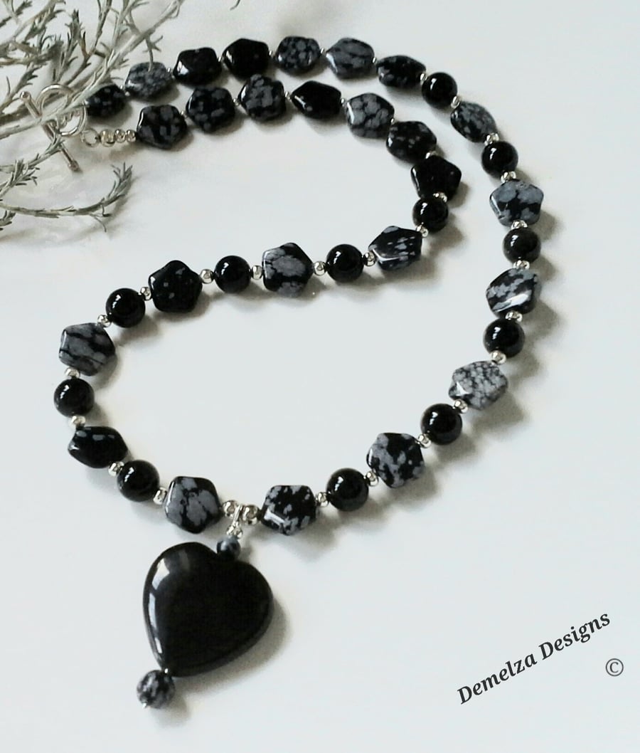 Snowflake Obsidian, Black Onyx Necklace  ONE OFF