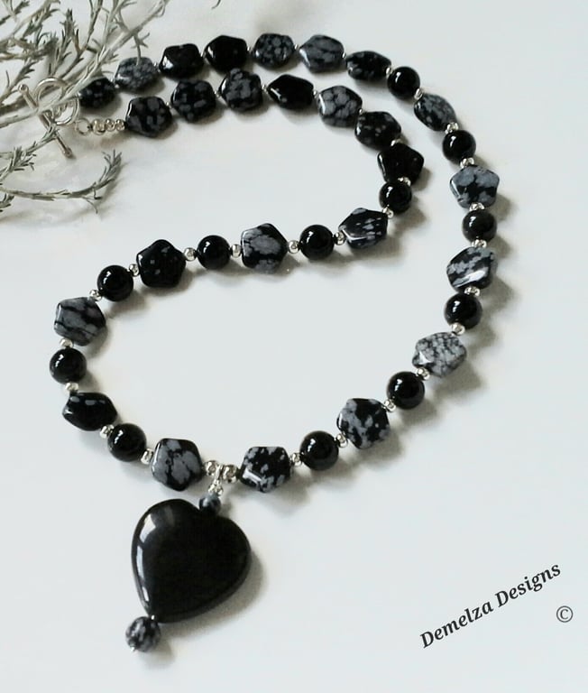 Snowflake Obsidian, Black Onyx Necklace  ONE OFF