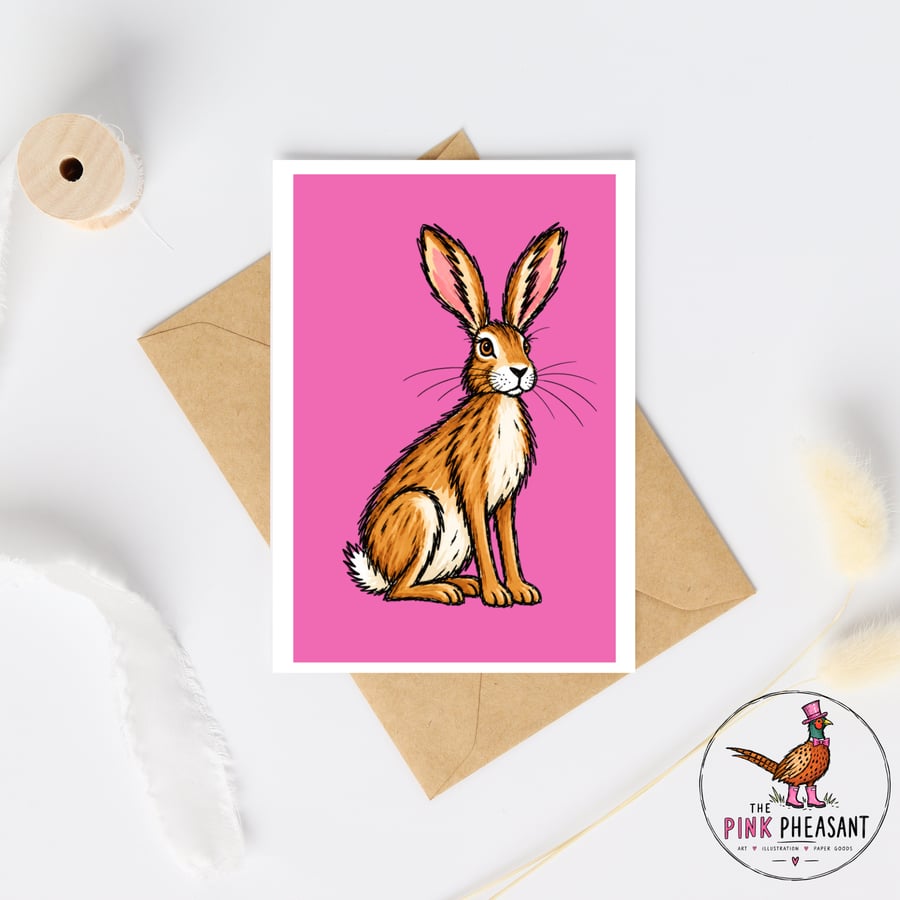 Hare Greetings Card - Hand Drawn Countryside Hare - A6 Wildlife Card