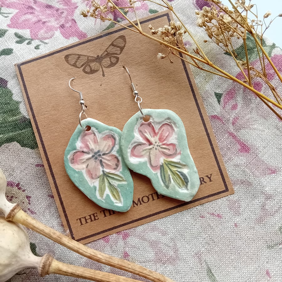 Large Pink and green rustic blossom porcelain clay earrings silver plated 
