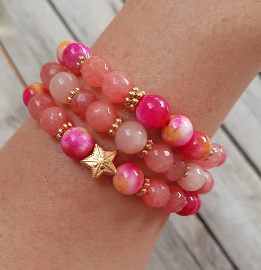 Elasticated Bracelet Stack - Star Tie Dye Tropical & Gold Mix - Set of Three