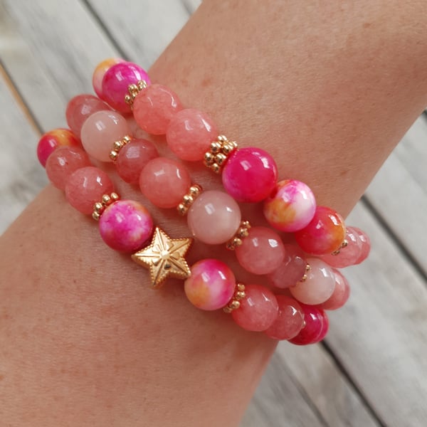 Elasticated Bracelet Stack - Star Tie Dye Tropical & Gold Mix - Set of Three