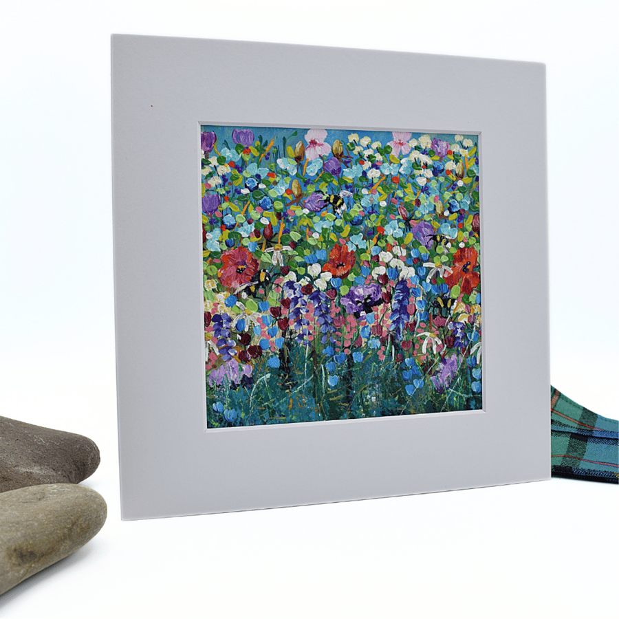 A mounted acrylic painting - wildflowers - bees - original art