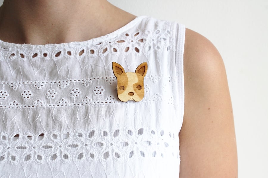 Wooden French Bulldog Brooch