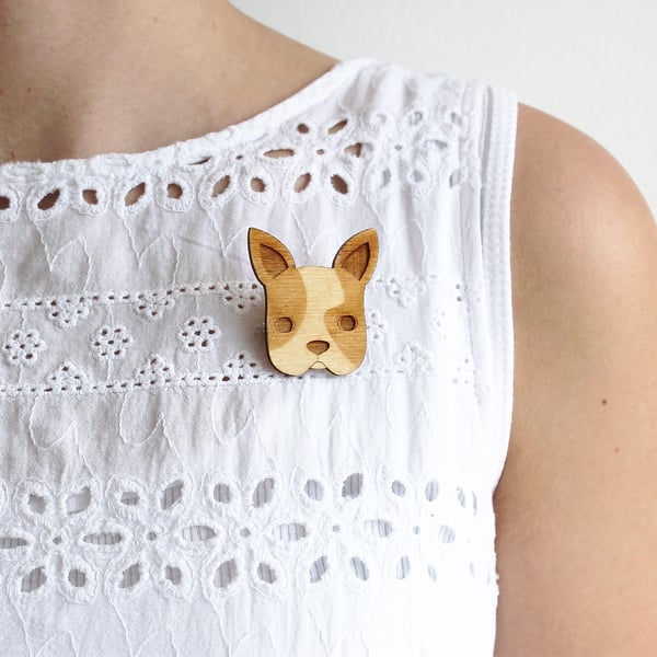 Wooden French Bulldog Brooch