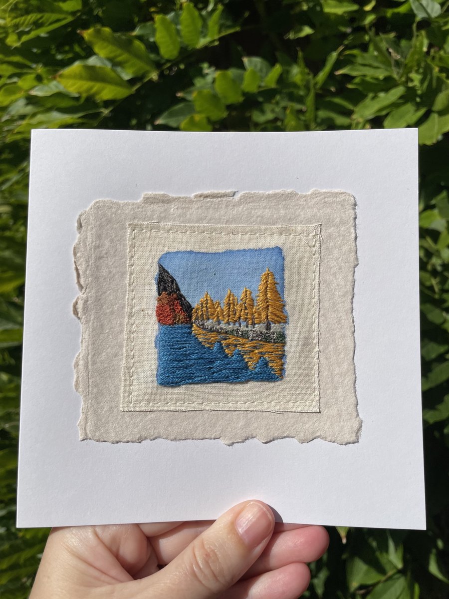 Autumn trees and lake landscape, 'mini art' hand embroidered keepsake card