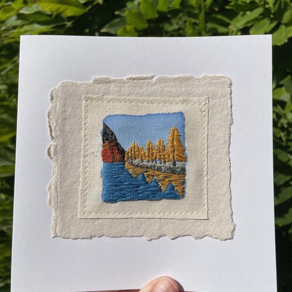 Autumn trees and lake landscape, 'mini art' hand embroidered keepsake card