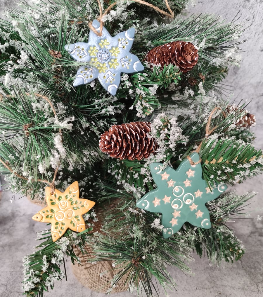 Nordic Rustic Snowflake Ornaments, Folk Art Christmas Hanging Décor, Set of 3