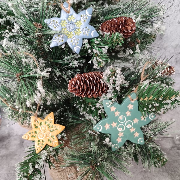 Nordic Rustic Snowflake Ornaments, Folk Art Christmas Hanging Décor, Set of 3