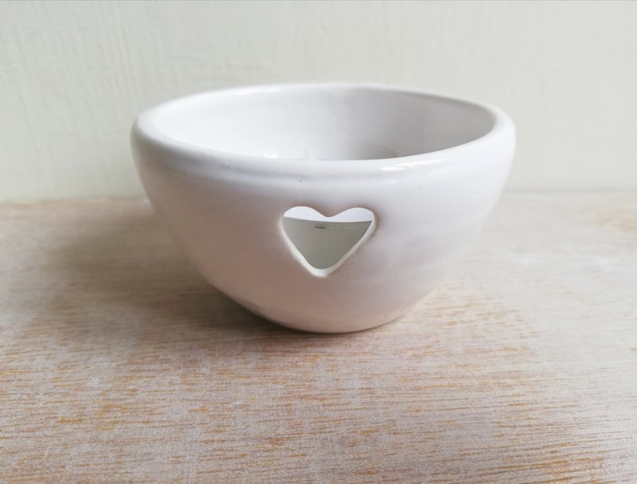 Ceramic tealight wth heart,  in white glaze trinket pottery sale 