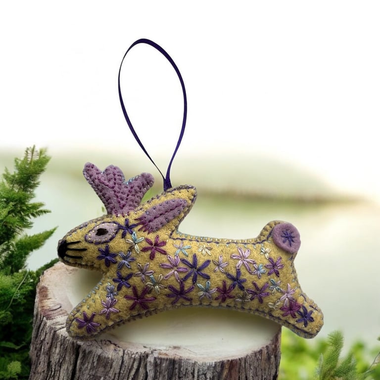 Hand Embroidered Felt Jackalope Ornament Mythical Hare with Antlers