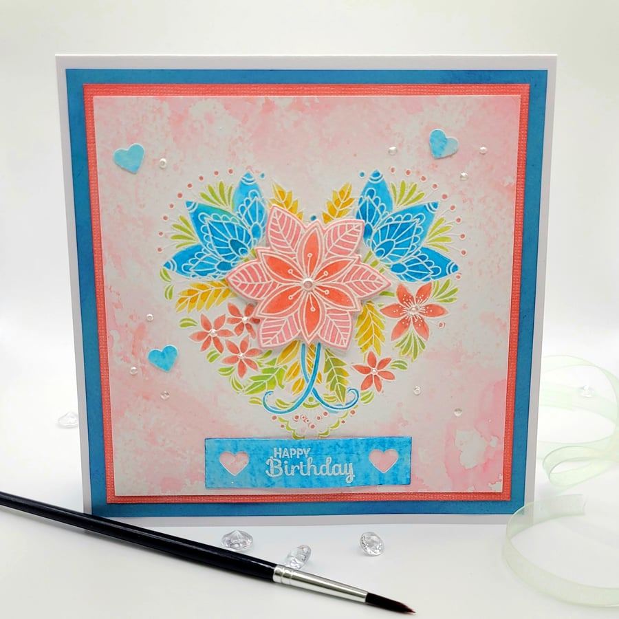  Birthday Greeting Card -  cards watercolour embossed heart flowers