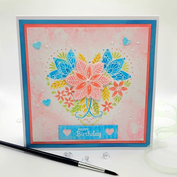  Birthday Greeting Card -  watercolour embossed heart and flowers