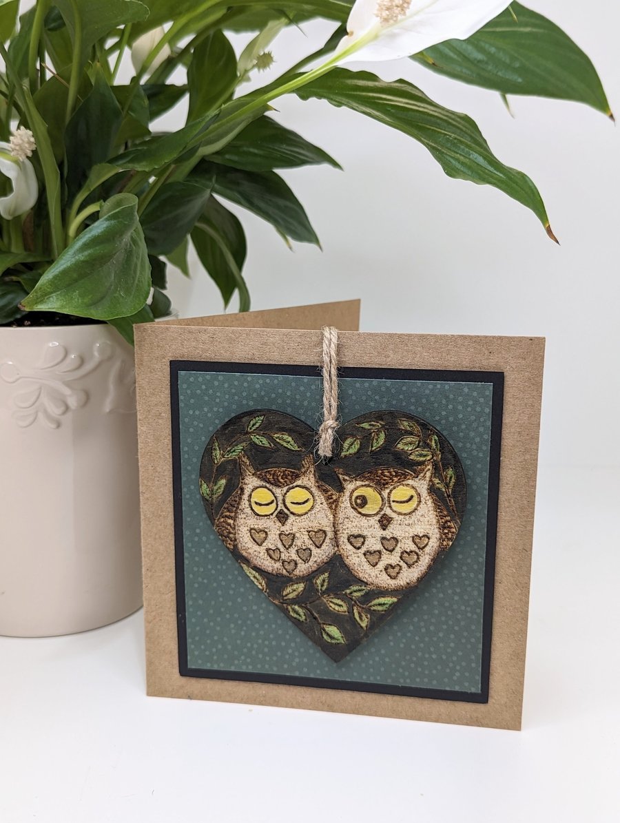 Owl handmade greetings card with pyrography owls keepsake for anniversary