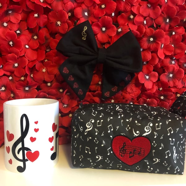 Music Theme Makeup Bag, Pot & Hair Bow Handmade - Music Gift, Music Student, Cho