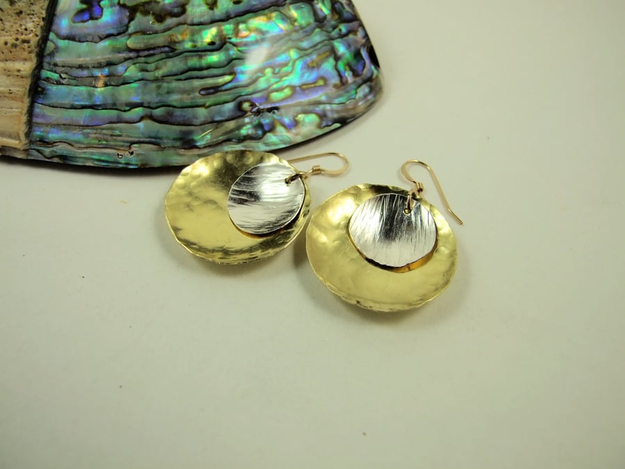 Earrings,  Brass & Sterling Silver Hammered Discs and 14ct Goldfilled Earwires