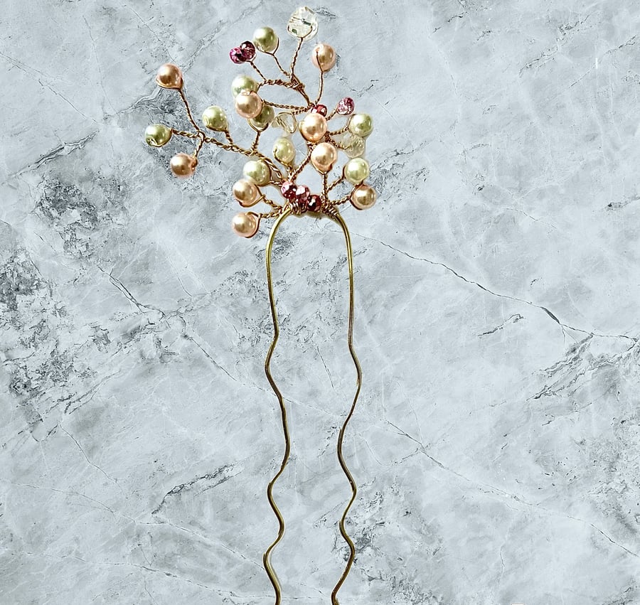 Hair Fork Pin Beautiful Glossy Glass Pearls Pink Crystals -Prom Bridesmaid Event