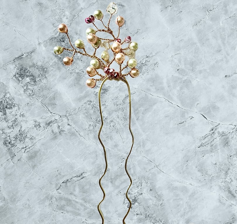 Hair Fork Pin Beautiful Glossy Glass Pearls Pink Crystals -Prom Bridesmaid Event