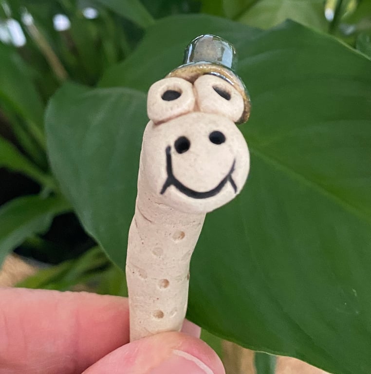 Little Green Hat Worm, Ceramic Plant & Garden Buddy