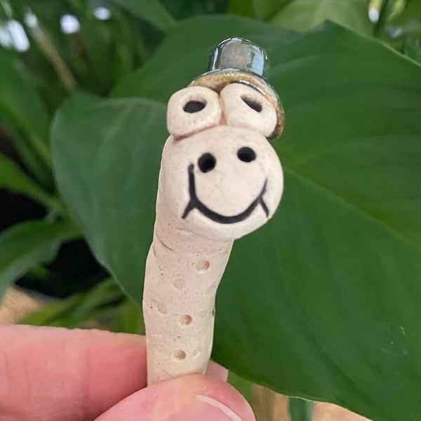 Little Green Hat Worm, Ceramic Plant & Garden Buddy
