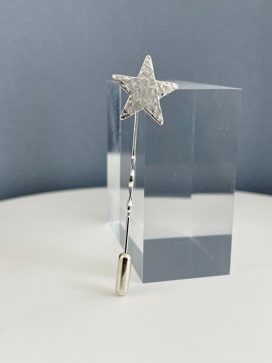 Sterling Silver Hammered-Sparkly Textured Star Tie & Lapel Stick Pin-Brooch 