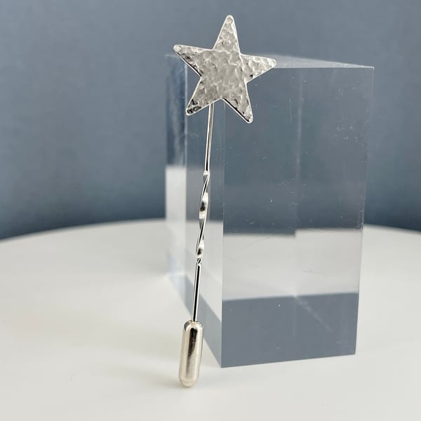 Sterling Silver Hammered-Sparkly Textured Star Tie & Lapel Stick Pin-Brooch 