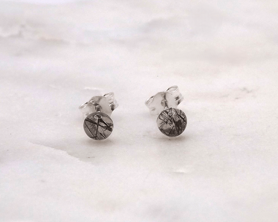 Black Tourmalinated Quartz Cabochon 4mm Gemstone Sterling Silver Earrings.