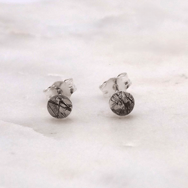 Black Tourmalinated Quartz Cabochon 4mm Gemstone Sterling Silver Earrings.