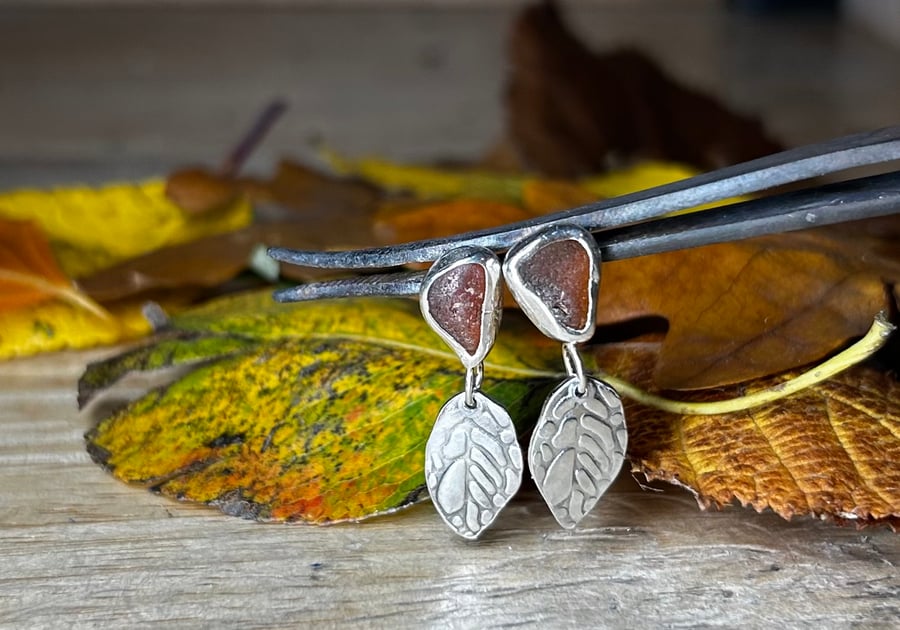 Handmade Sterling Silver Leaf Dangle Earrings With Dark Amber Welsh Sea Glass
