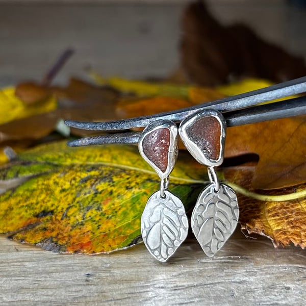 Handmade Sterling Silver Leaf Dangle Earrings With Dark Amber Welsh Sea Glass