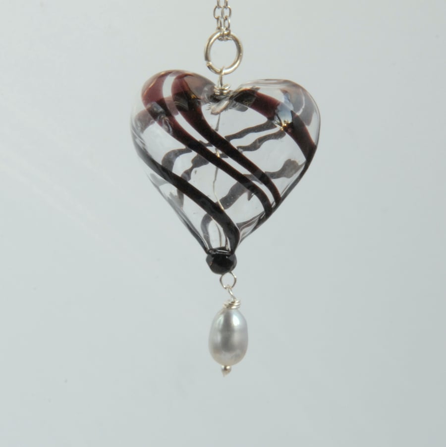 Black and clear blown glass heart with grey pearl silver necklace (valentines)