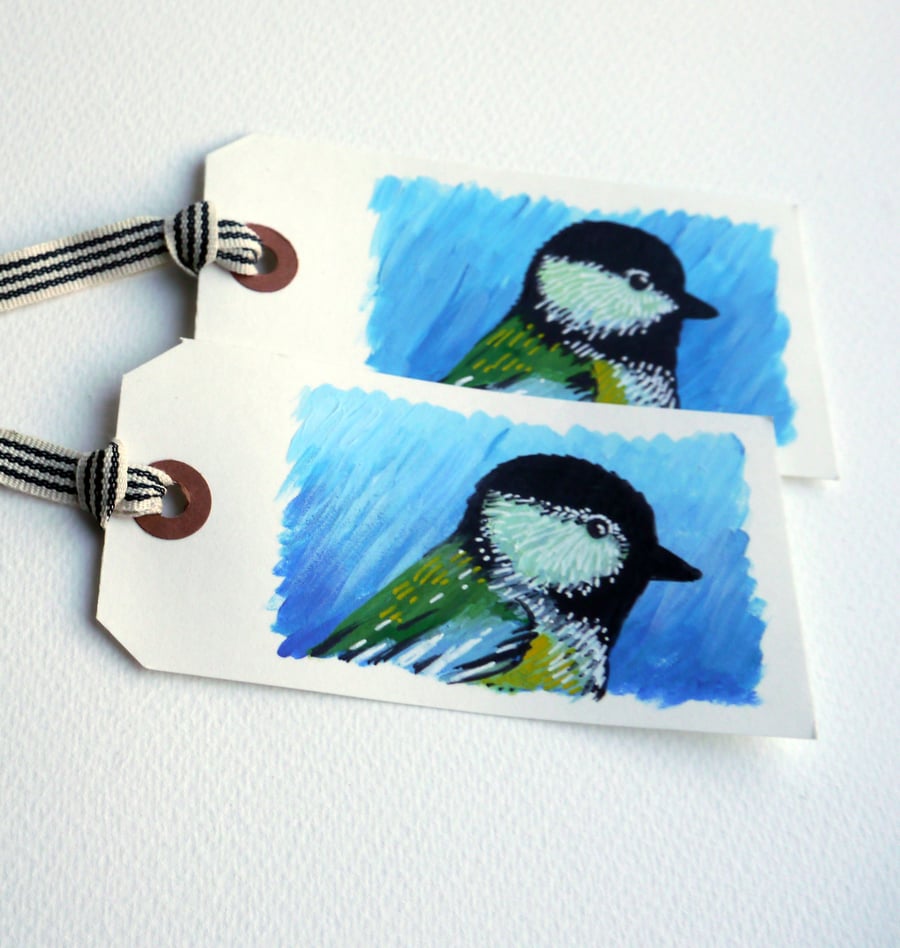 Hand painted Gift Tags with Woodland Birds.  Set of 2.