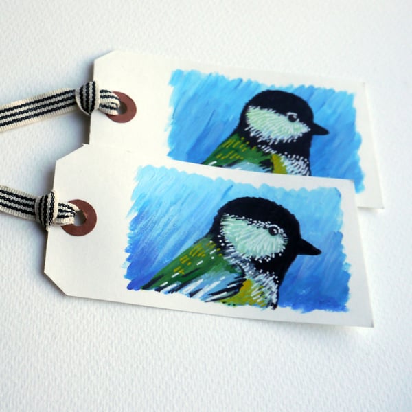 Hand painted Gift Tags with Woodland Birds.  Set of 2.